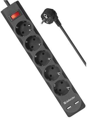 Сетевой фильтр DEFENDER DFS 755 черный (5м, 5 розеток, 10A, 2xUSB) (99755)