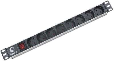Cabeus PDU-8P Блок евророзеток для 19" шкафов, горизонтальный, 8 розеток, 10 A, выключатель, гнездо под шнур, алюминиевый корпус