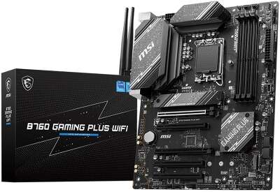 Материнская плата MSI B760 GAMING PLUS WIFI B760, LGA1700, 4*DDR5, 5*PCIEx16, 2*M.2, 2*TypeC, 2*USB3.2Gen2, 2*USB3.2Gen1, 8*USB2.0, 4*SATA3.0, 2.5G, DP, HDMI, ATX, RTL