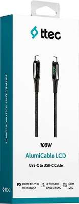 Кабель зарядный и дата TTEC AlumiCable LCD USB-C – USB-C 100W PD/QC Fast Charging&Data Cable. Длина: 150 см. Цвет: черный