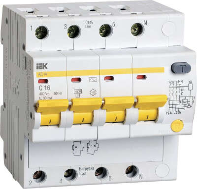 Выключатель автом. дифф. тока IEK MAD10-4-016-C-030 АД14 16A тип C 4.5kA 30мА AC 4П 230/400В 5мод белый (упак.:1шт)