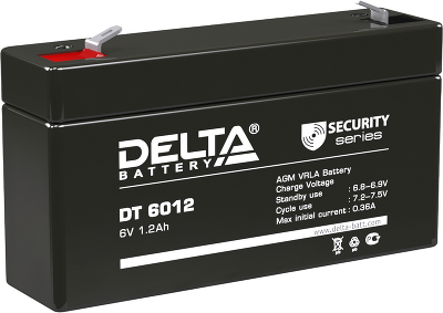 Батарея DELTA серия DT, DT 6012, напряжение 6В, емкость 1.2Ач (разряд 20 часов), макс. ток разряда (5 сек.) 16.2А, макс. ток заряда 0.36А, свинцово-кислотная типа AGM, клеммы F1, ДxШxВ 97х24х51мм., вес 0.29кг., срок службы 5 лет./ Battery DELTA series DT,