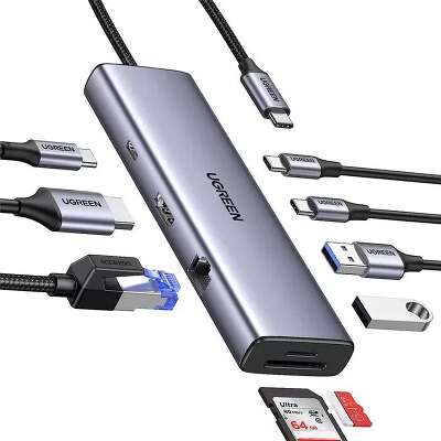 Конвертер UGREEN CM498 (15375) 9-in-1 USB-C to 2*USB3.0+2*USB-C+HDMI+RJ45+SD&TF +PD port Converter. Цвет:серый