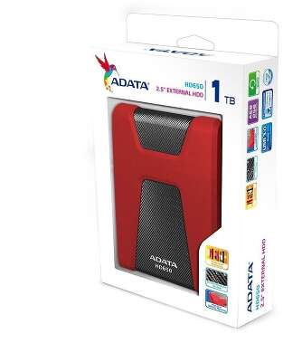 Жесткий диск внешний/ Portable HDD 1TB ADATA HD650 (Red), Silicone, USB 3.2 Gen1, 121x81x21mm, 201g /3 года/