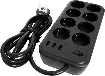Сетевой фильтр PowerCom SP-08 USB03AB, 8 розеток, 3USB, 3м, 16A
