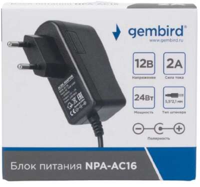 Gembird Блок питания узкий 12В/2А, 24Вт, 1 штекер 5,5х2,1мм (NPA-AC16)