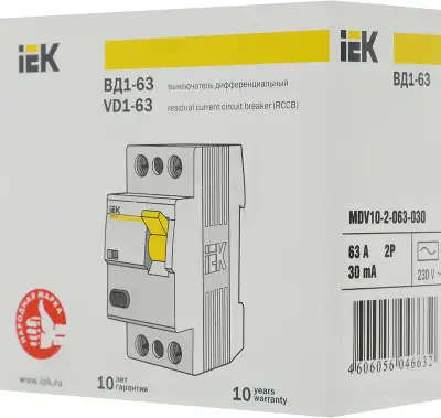 Выключатель дифф.тока УЗО IEK MDV10-2-063-030 ВД1-63 63A 30мА AC 2П 230В 2мод белый (упак.:1шт)