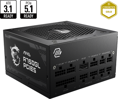Блок питания ПК/ Power Supply MSI MAG A750GL PCIE5, 750W 80+ Gold (ATX, 3.1, PCIe 5.1, Full modular, 1x24(20+4)pin, 2xCPU 8(4+4)pin, 3xPCIe*2 8(6+2)pin, 1x12VHPWR, 8xSATA3, 4xMOLEX4pin, Active, 120x120mm, 140x150x86mm, APFC, black)