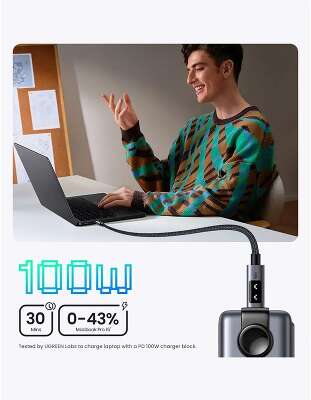 Кабель UGREEN L509 (35513) UNO Type C 2.0 Male To Type C 2.0 Male 5A Data Cable. Длина: 3м. черный/серый