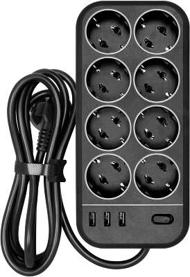 Сетевой фильтр PowerCom SP-08 USB03AB, 8 розеток, 3USB, 3м, 16A