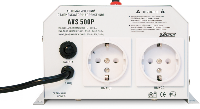 Стабилизатор POWERMAN AVS 500P, ступенчатый регулятор, цифровые индикаторы уровней напряжения, 500ВА, 110-260В, максимальный входной ток 5А, 2 евророзетки, IP-20, навесной, 185мм х 170мм х 100мм, 2,5 кг./ Stabilizer POWERMAN AVS 500P, step-type regulator,