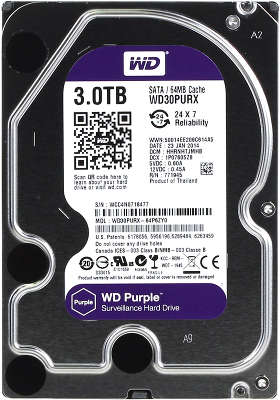 Жёсткий диск SATA-3 3TB [WD30PURX] WD PURPLE, IntelliPower, 64MB Cache