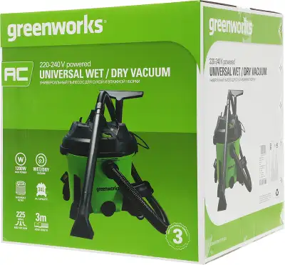 Строительный пылесос Greenworks G120WDV 1300Вт (уборка: сухая/сбор воды) зеленый
