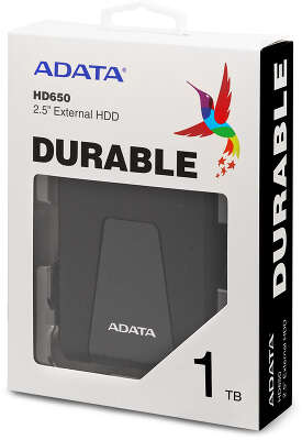 Жесткий диск внешний/ Portable HDD 1TB ADATA HD650 (Black), Silicone, USB 3.2 Gen1, 121x81x21mm, 201g /3 года/