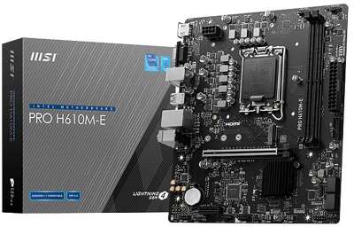 Материнская плата MSI PRO H610M-E H610, LGA1700, 2*DDR5, 1*PCIEx16, 1*PCIEx1, 1*M.2, 4*USB3.2Gen1, 4*USB2.0, 4*SATA3.0, 1G, VGA, HDMI, M-ATX, RTL