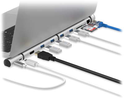 Адаптер Rombica Type-C Dock, USB 3.0 x 4, HDMI, картридер, LAN, PD