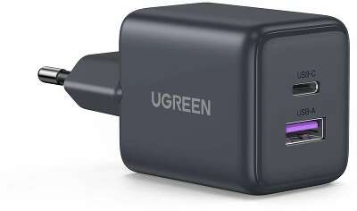 Сетевое зарядное устройство UGREEN X516 (55539) 30W 2-Port USB-C&USB-A GaN Fast Charger EU. Цвет: серый