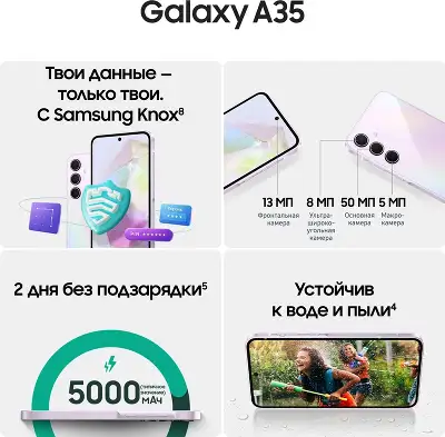 Смартфон Samsung SM-A356E Galaxy A35 5G 256Gb 8Gb лаванда моноблок 3G 4G 2Sim 6.6" 1080x2340 Android 14 50Mpix 802.11 a/b/g/n/ac/ax NFC GPS GSM900/1800 GSM1900 Protect microSD max1024Gb