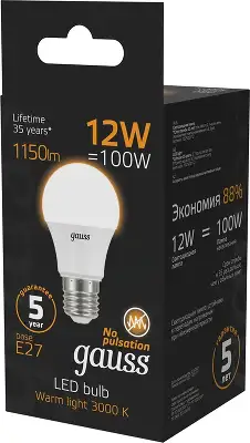 Лампа светодиодная Gauss A60 12Вт цок.:E27 груша 220B св.свеч.бел.теп. A60 (упак.:1шт) (102502112)