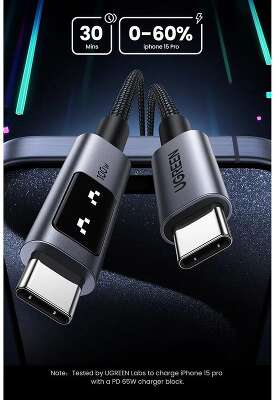 Кабель UGREEN L509 (35513) UNO Type C 2.0 Male To Type C 2.0 Male 5A Data Cable. Длина: 3м. черный/серый