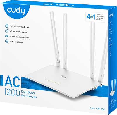 Маршрутизатор CUDY AC1200 Wi-Fi Router Dual Band, Chipset MediaTek, 802.11ac/a/b/g/n, 867Mbps at 5GHz + 300Mbps at 2.4GHz, 5 × 10/100Mbps Ports, WiFi router/AP/ Repeater/WISP Mode,4 5dBi fixed antennas, WPA3, Guest network, WPS, DDNS, VPN Client, IPv6,TR0