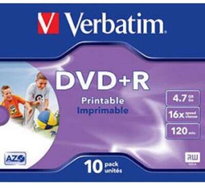 43508 Диски DVD+R Verbatim 16-x, 4.7 Gb, Printable (Jewel Case, 10шт.) 
