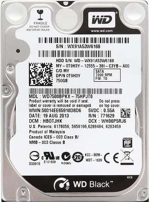 Жесткий диск 2.5" SATA-III 750GB [WD7500BPKX] WD Scorpio Black, 7200rpm, 16MB Cache