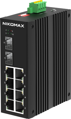 Неуправляемый промышленный коммутатор NIKOMAX Essential Line, 8*10/100/1000Мбит/с Base-T, 2*1 Гбит/с SFP, Крепление на DIN-рейку, 2*ввода питания, питание 12-58В (блок питания поставляется отдельно), -40С +75С