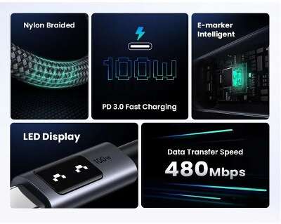Кабель UGREEN L509 (35513) UNO Type C 2.0 Male To Type C 2.0 Male 5A Data Cable. Длина: 3м. черный/серый