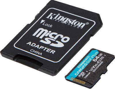 Карта памяти 64 Гб Micro SDXC Kingston Class 10 UHS-I U3 V30 Canvas Go! Plus [SDCG3/64GB], с адаптером