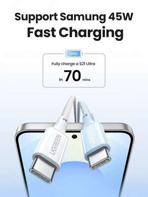 Кабель UGREEN L502 (35221) 100W USB-C to USB-C PD Fast Charging Braided Cable 5A Max. Длина: 2м. белый