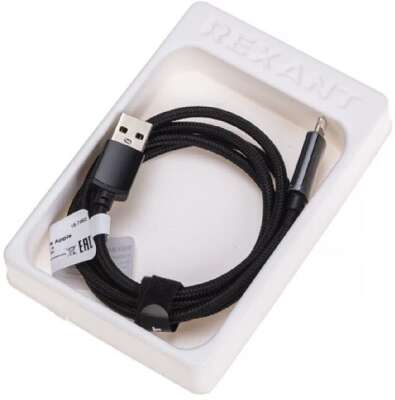 Rexant (18-7062) Кабель USB-A – Lightning для Apple, 2,4А, 1м, в черной нейлоновой оплетке, c LED дисплеем