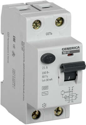 Выключатель дифф.тока УЗО IEK MDV15-2-025-030 ВД1-63 Generica 25A 4.5kA 30мА AC 2П 230В 2мод серый (упак.:1шт)