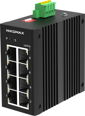 Неуправляемый промышленный коммутатор NIKOMAX Essential Line, 8*10/100/1000Мбит/с Base-T, Крепление на DIN-рейку, 2*ввода питания, питание 12-58В (блок питания поставляется отдельно), -40С +75С