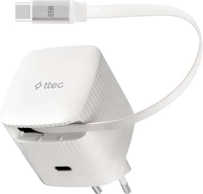 Сетевое зарядное устройство TTEC SmartCharger Duo GAN 65W PD Travel Fast Charger USB-C со встроенным кабелем PD 65W USB-C. Длина кабеля: 70см. Цвет: белый