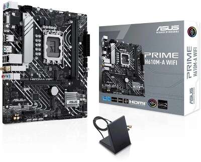 ASUS PRIME H610M-A WIFI (Socket 1700, mATX, 2xDDR5(96GB), VGA/DP/HDMI, 1xPCIe 4.0x16/1xPCIe 3.0, 1xLAN, Wi-Fi, BT, 4xSATA 6Gb/s, 2xM.2, 1xUSB 3.2, 4xUSB 2.0, 2xPS/2)