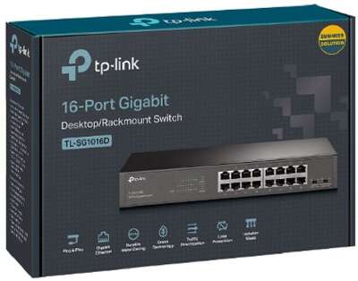 TP-Link TL-SG1016D Коммутатор с 16 гигабитными портами для размещения на столе или в стойке