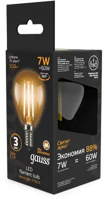 Лампа светодиодная Gauss 7Вт цок.:E14 шар 220B св.свеч.бел.теп. P45 (упак.:10шт) (105801107)