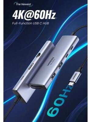 Конвертер UGREEN CM498 (15375) USB-C to 2*USB3.0+2*USB-C+HDMI+RJ45+SD&TF +PD port Converter. Цвет: серый