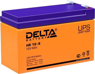 Батарея DELTA серия HR, HR 12-9, напряжение 12В, емкость 9Ач (разряд 20 часов), макс. ток разряда (5 сек.) 135А, макс. ток заряда 2.7А, свинцово-кислотная типа AGM, клеммы F2, ДxШxВ 151х65х94мм., вес 2.78кг., срок службы 8 лет./ Battery DELTA series HR, H