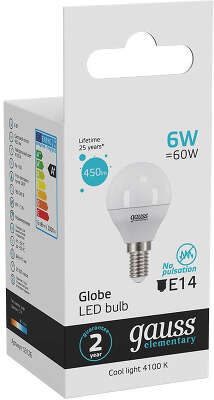 Лампа светодиодная Gauss Elementary 6Вт цок.:E14 шар 220B св.свеч.бел.нейт. (упак.:10шт) (53126)