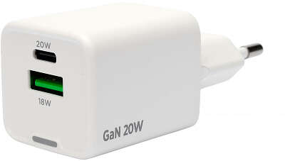 Зарядное устройство Cablexpert MP3A-PC-61, 20Вт GaN, 3А, QC4.0/PD, 1xUSB, 1xType-C, белый, пакет