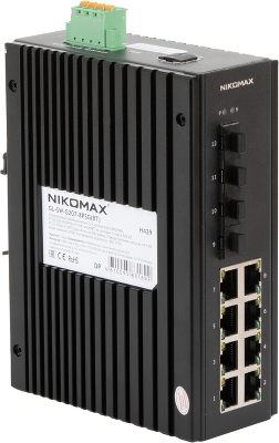 Управляемый промышленный L2+ коммутатор NIKOMAX, 8*10/100/1000Мбит/с PoE (af/at/BT) из которых 2 порта PoE BT, 4*1/2.5Гбит/с SFP+, Крепление на DIN-рейку, 2*ввода питания, питание 44-57В (блок питания 240Вт поставляется отдельно), -40С +75С.