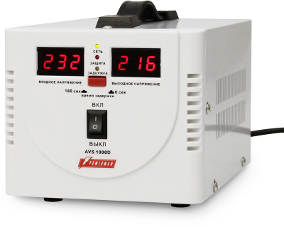 Стабилизатор POWERMAN AVS 1000D, ступенчатый регулятор, цифровые индикаторы уровней напряжения, 1000ВА, 140-260В, максимальный входной ток 7А, 2 евророзетки, IP-20, напольный, 200мм х 150мм х 140мм, 2,3 кг./ Stabilizer POWERMAN AVS 1000D, step-type regula