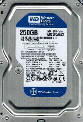 Жесткий диск SATA-II 250GB [WD2500AAJS] WD Caviar Blue, 7200rpm, 8MB Cache