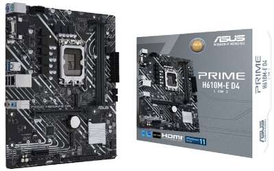 ASUS PRIME H610M-E D4-CSM (Socket 1700, mATX, 2xDDR4(64GB),  VGA/HDMI/DP, 1xPCIe 4.0x16/1xPCIe 3.0, 1xLAN, 4xSATA 6Gb/s, 2xM.2, 2xUSB 3.2, 2xUSB 2.0, 2xPS/2)