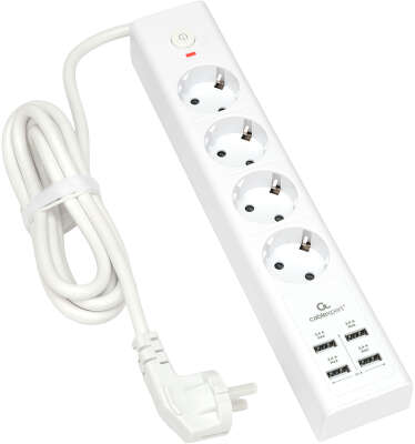 Сетевой фильтр Cablexpert Exnovo EXN-4-U4-W-2 белый, Макс мощность 2500Вт, 4 розетки 220В, 10А, 4 розетки USB-A 5В 2,4А, кабель 2м, ур.защиты 4+, коробка