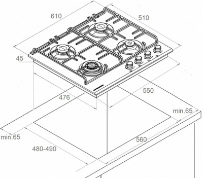 Газовая варочная поверхность Kuppersberg/ KITCHEN RETAIL / Газовая варочная поверхность, закаленное стекло, ширина 60 см, 4 газовые конфорки, WOK конфорка(3,8 кВт), автоподжиг, газ-контроль, чугунные решетки, цвет белый