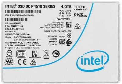 Intel SSD 4Tb DC P4510 Series (4.0TB, 2.5in PCIe 3.1 x4, 3D2, TLC) SSDPE2KX040T807