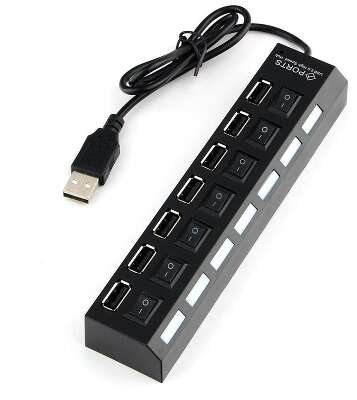 Разветвитель USB2.0 Gembird UHB-U2P7-01, 7хUSB, с доп. питанием, подсветка и выключатели, кабель USB 55см